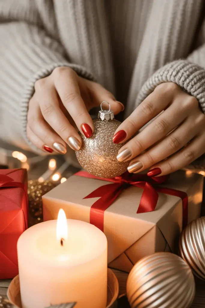 Alternating red and gold metallic nails, hands holding a shiny ornament or wrapped gift.