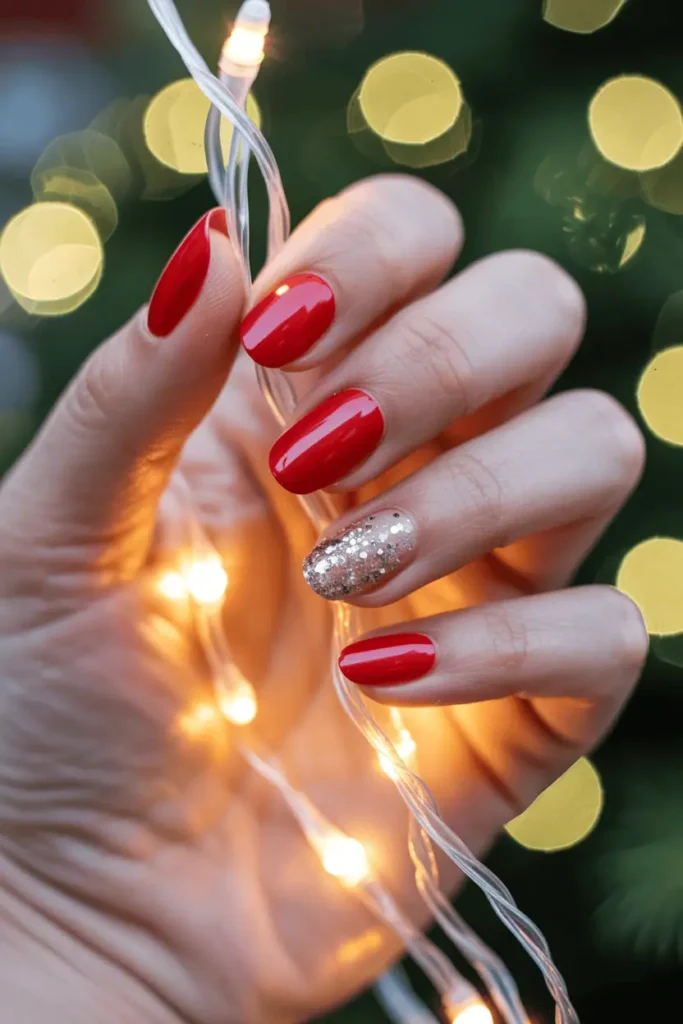 Red nails fading into glitter tips. Holding Christmas lights or sparkly ribbon, bokeh festive background.