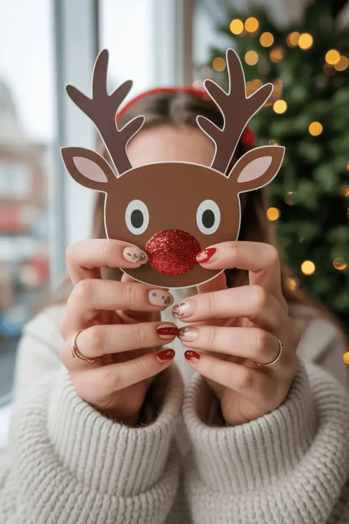 Reindeer face close-up nail art with glitter nose and fun selfie pose.