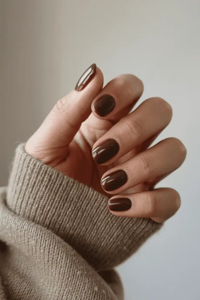 Short nails painted in glossy chocolate brown. Cozy sweater sleeve, neutral beige background.