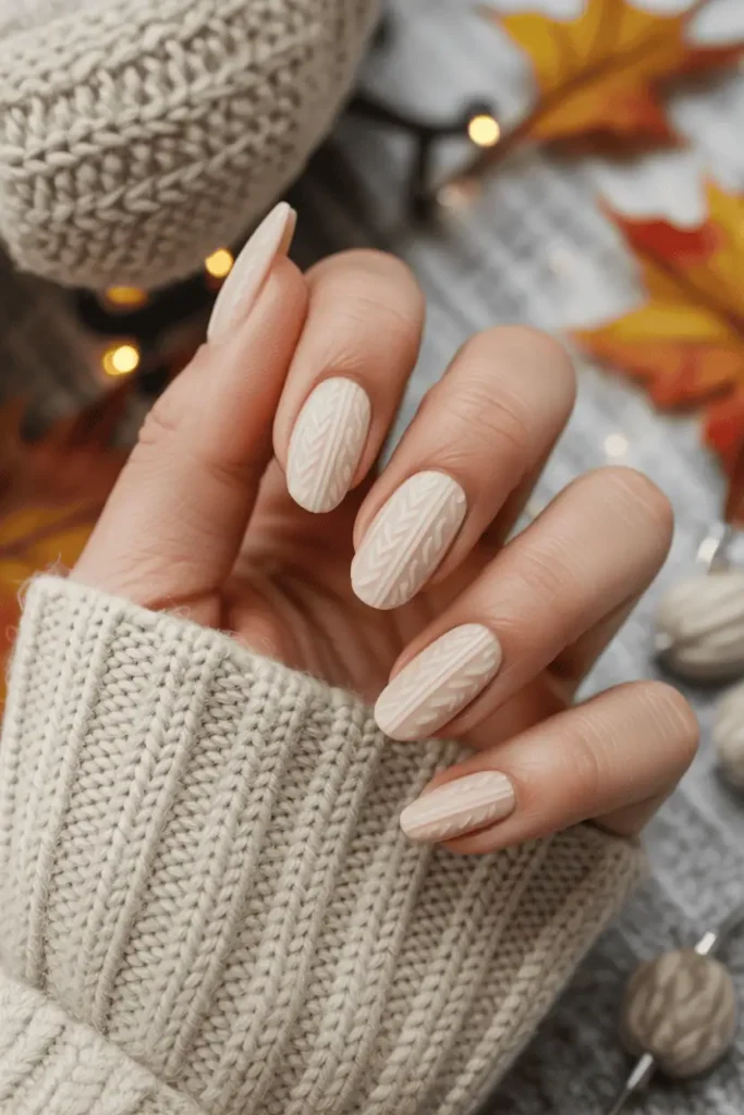 Cream cable-knit textured nails styled with cozy knit sweater, autumnal décor background.
