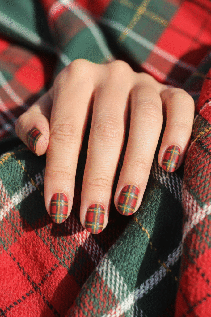 Plaid nail pattern in red, green, and gold. Hand resting on cozy plaid scarf or flannel fabric.