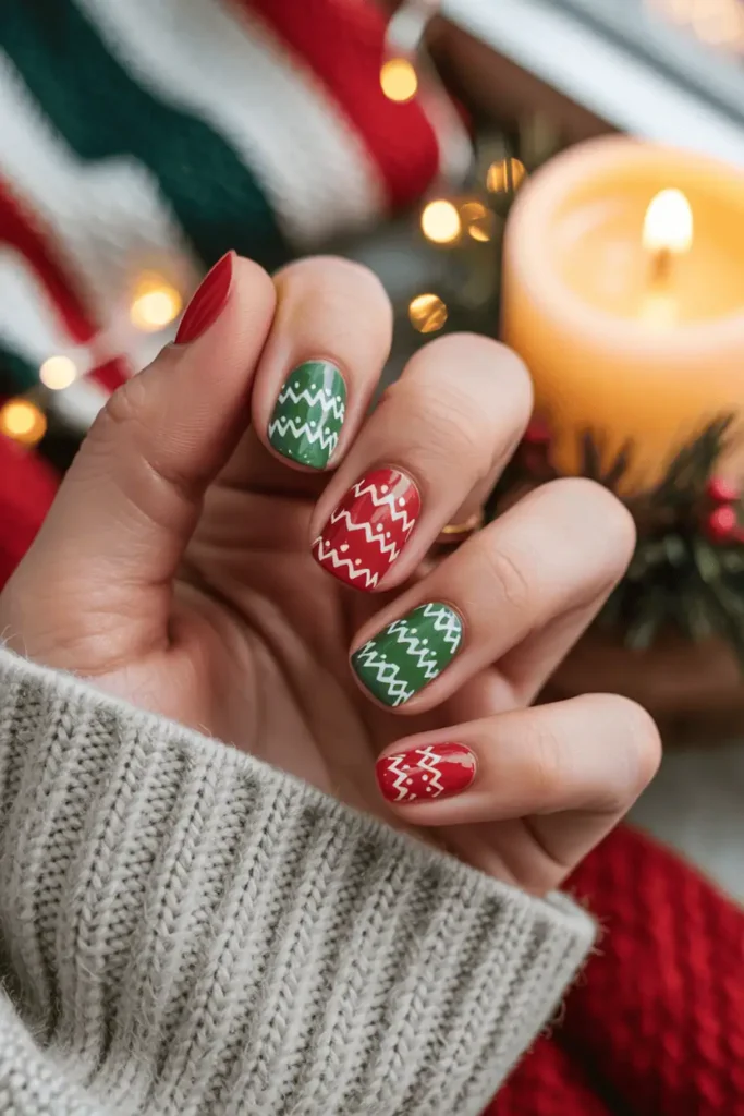 Red and green sweater-pattern nail art, textured look with playful mismatched patterns.