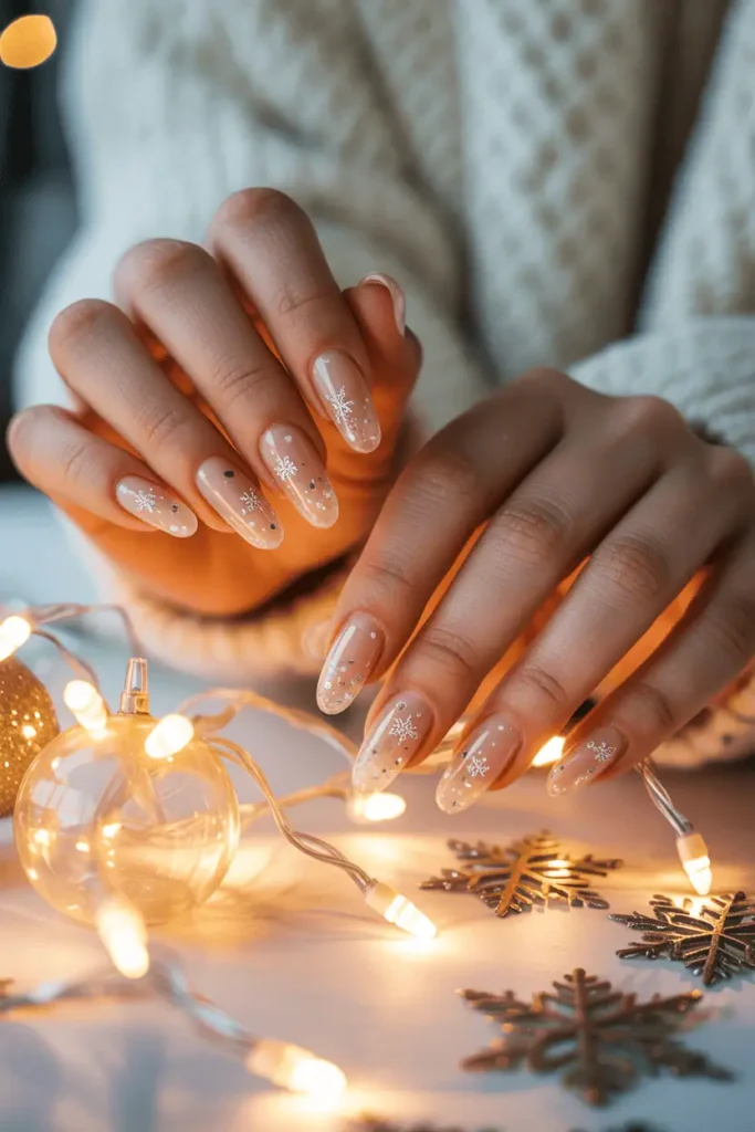 Clear nails with floating glitter and tiny snowflake details, hands over holiday lights.