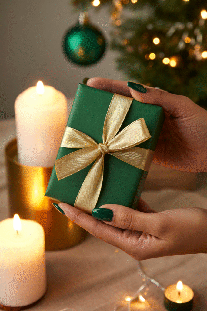 Elegant emerald green nails holding a wrapped gift with a gold ribbon. Warm candlelight glow, Christmas tree decor background.