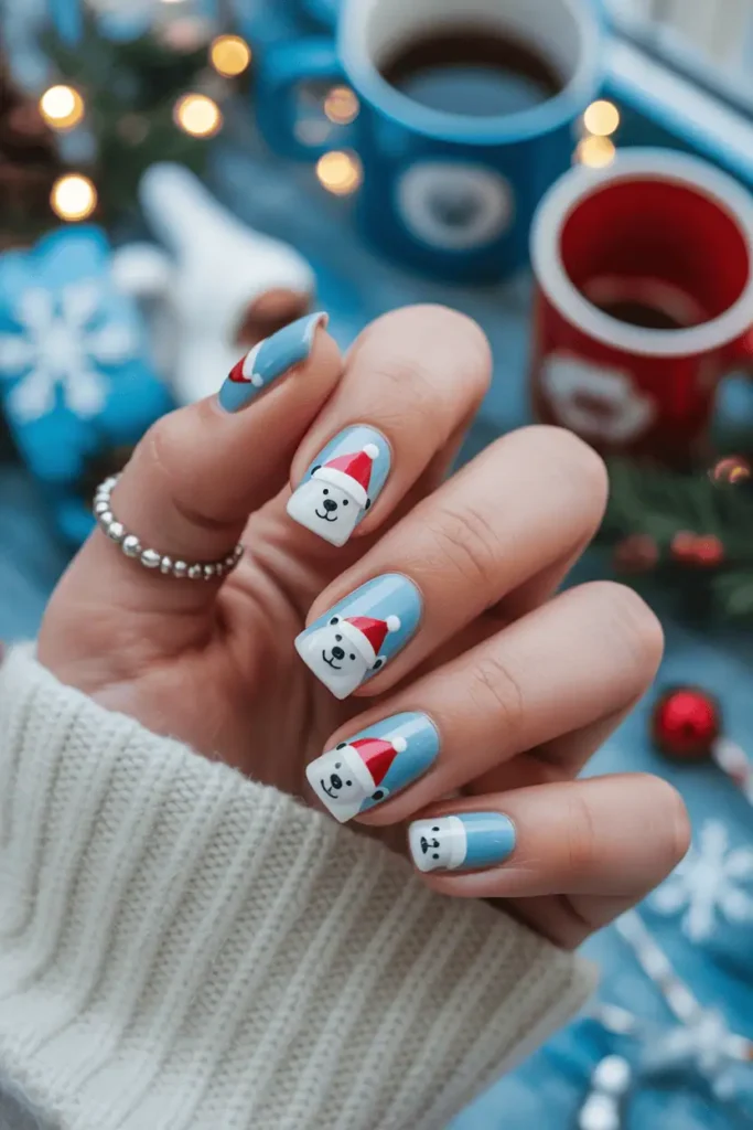 White polar bear nail art with scarves and Santa hats, icy blue background.