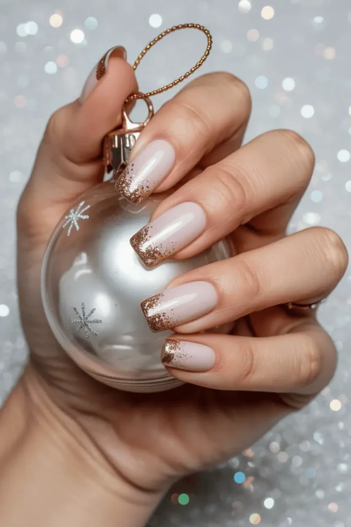 White-to-gold ombré nails with glitter tips. Hand holding a glass ornament, sparkly background.
