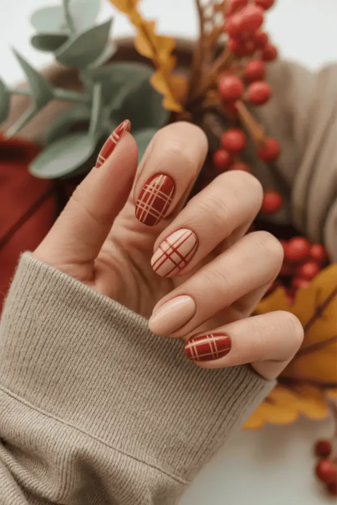 Accent nails with plaid pattern in red and beige, paired with solid nude nails, styled with fall outfit props.