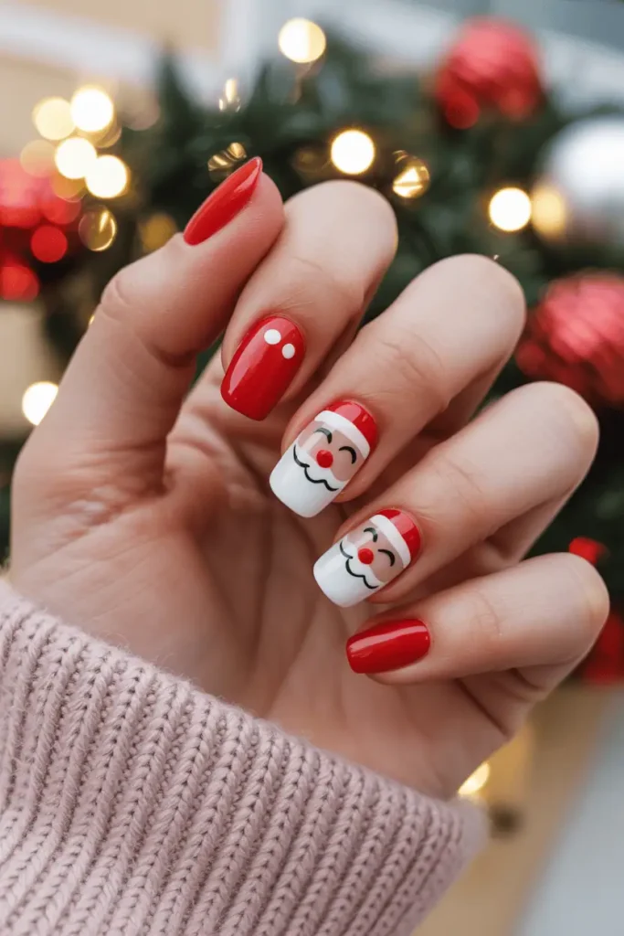 Accent Santa face nail with winking expression, red background and white details.