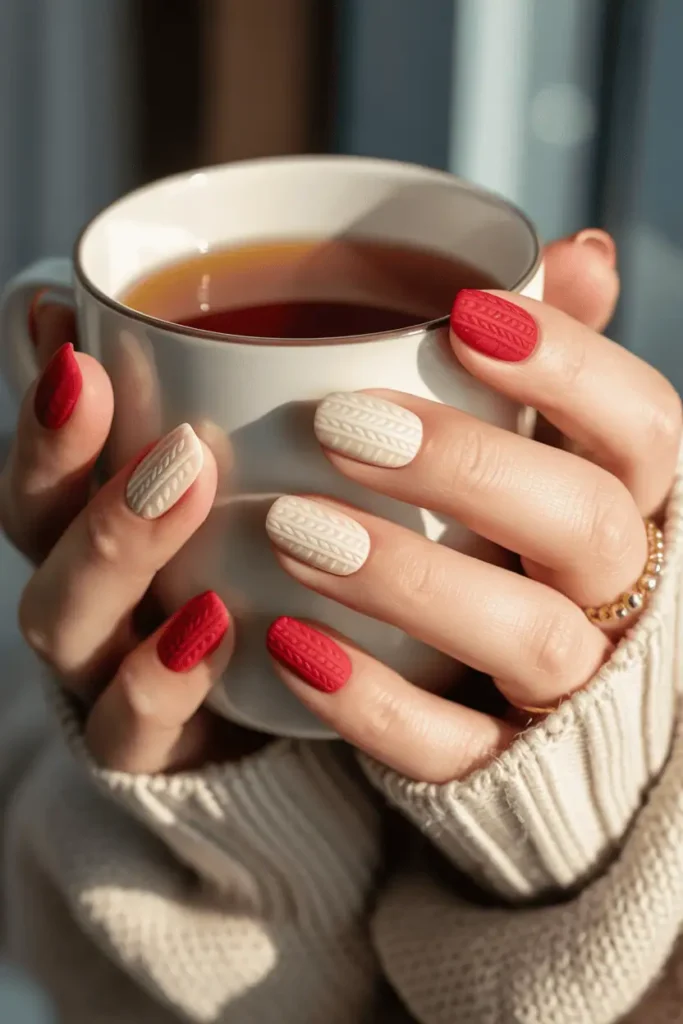 Matte cable-knit textured nails in cream or red. Holding a cup of tea or cozy knit scarf, soft golden lighting.