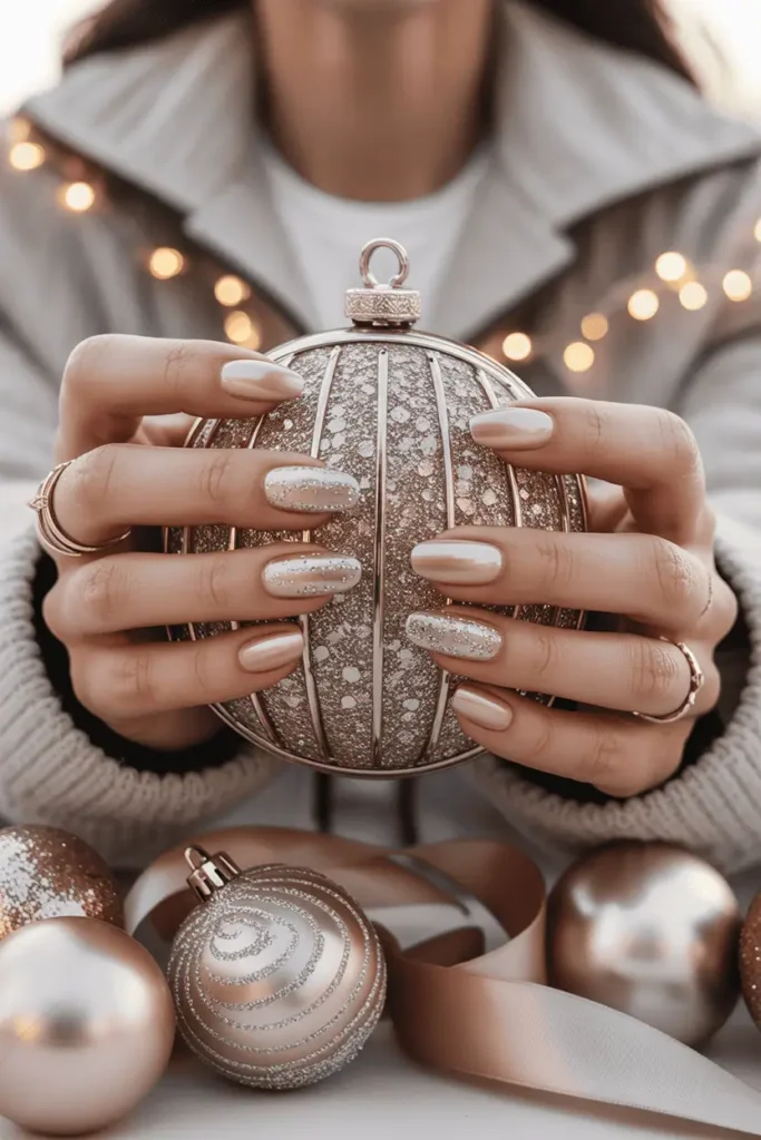 Neutral chrome nails with glitter overlay, holding a glittering clutch or glass ornament.