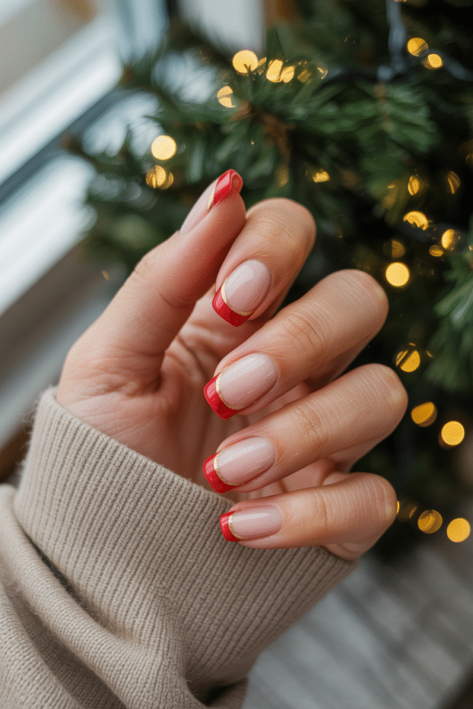 Short nude nails with red French tips and a thin gold line. Cozy setup with beige sweater sleeve and bokeh Christmas lights.
