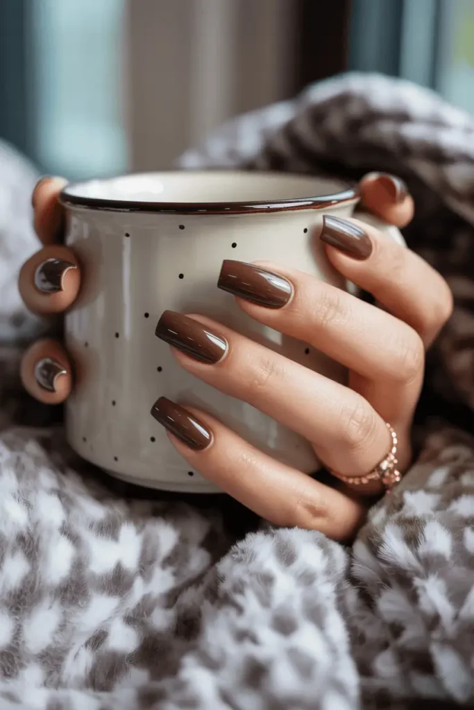 Glossy chocolate brown coffin nails holding a cozy mug, soft blanket in background.