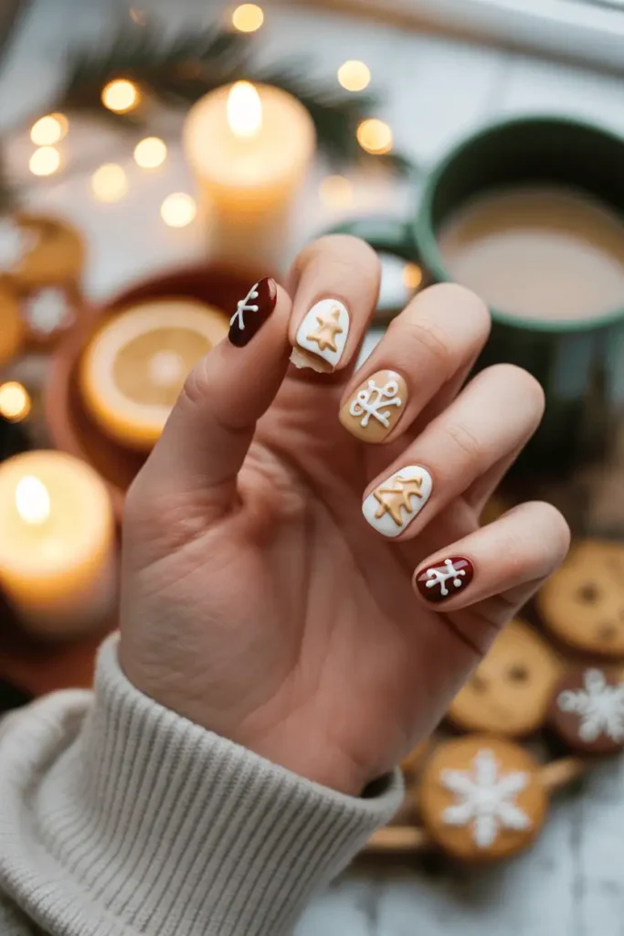 Mixed cookie designs (stars, hearts, trees) with one bitten cookie accent nail.