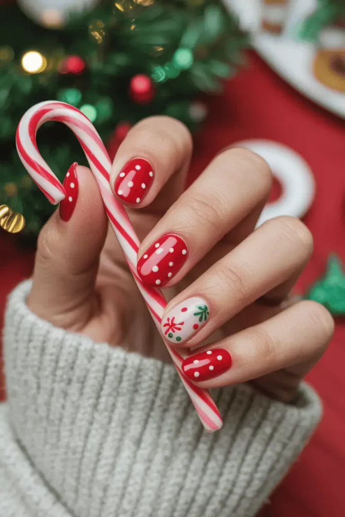 Festive red nails with tiny holly leaf and berry accents. Cozy plaid fabric in background, soft light.