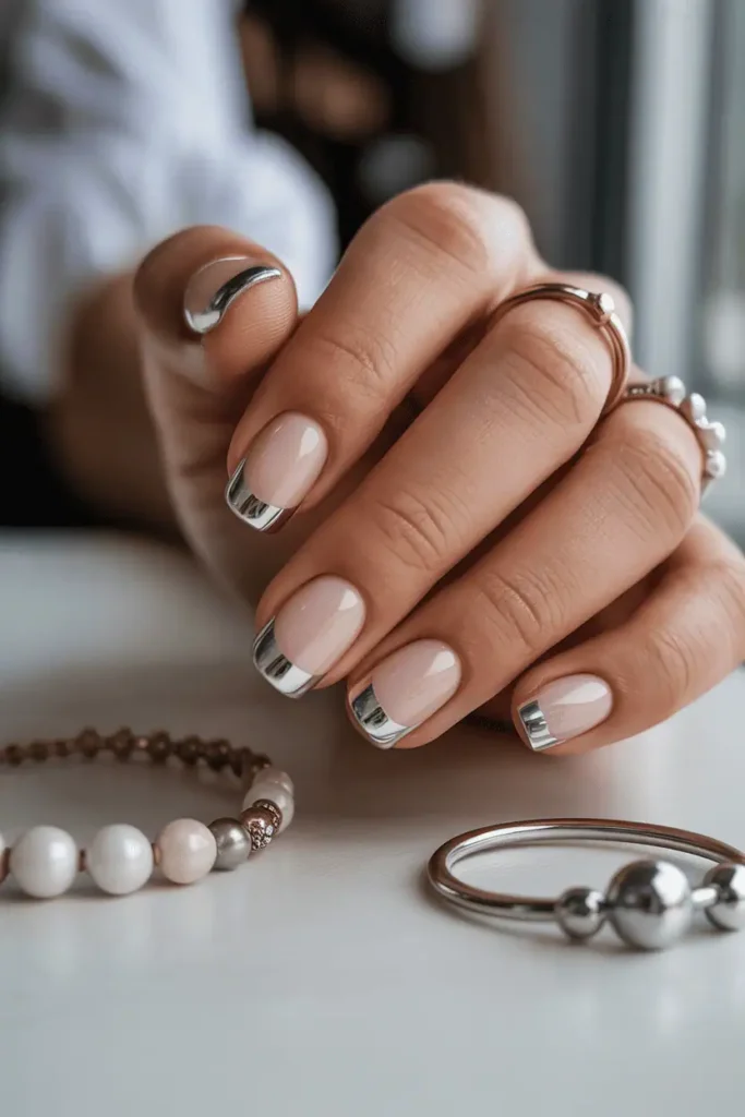 Short nude nails with silver chrome accent fingers. Soft blurred background, jewelry props, elegant lighting.