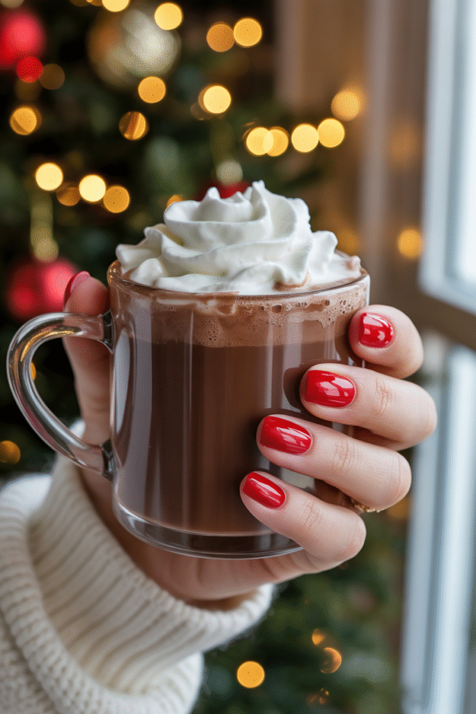 Short to medium nails painted glossy red, holding a mug of hot cocoa with whipped cream. Soft golden light, blurred Christmas tree lights in background.