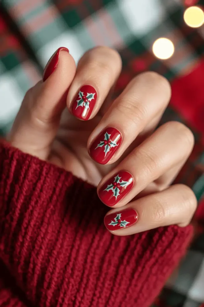 Short nude nails with hand-painted green leaves and red berries. HFestive red nails with tiny holly leaf and berry accents. Cozy plaid fabric in background, soft light.and near wrapped gift or greenery decor.