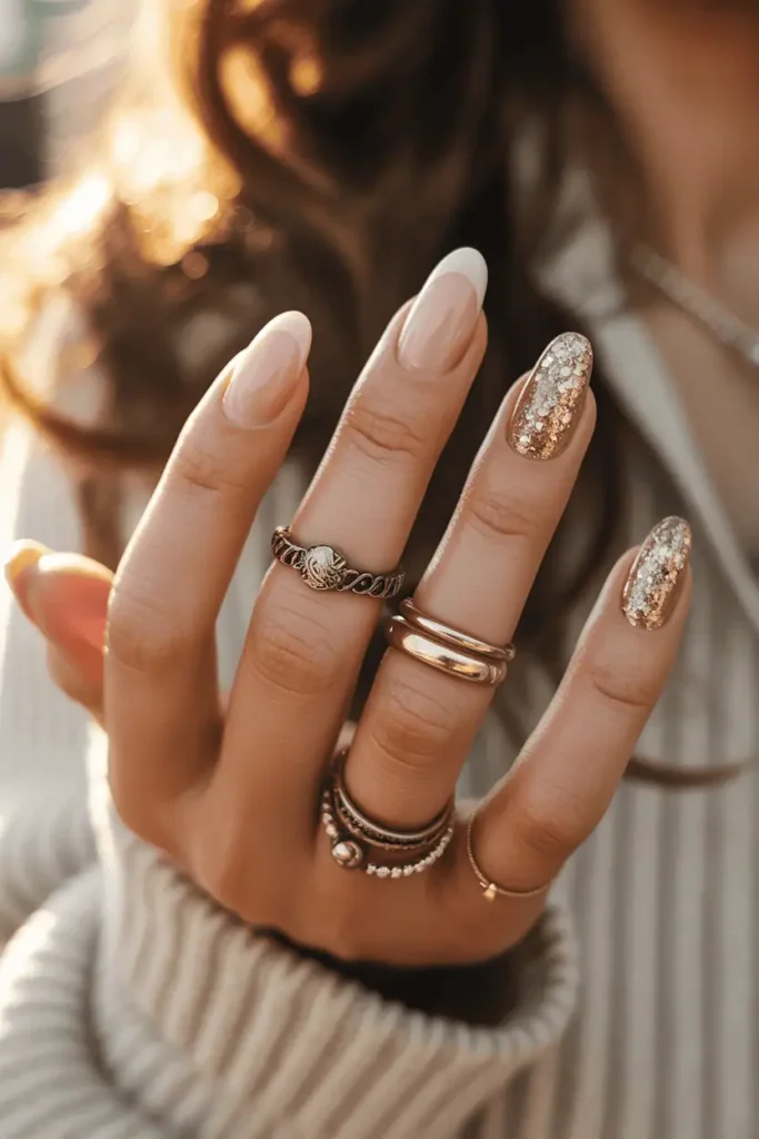 Neutral nails with gold glitter accent fingers, styled with metallic jewelry and warm lighting.