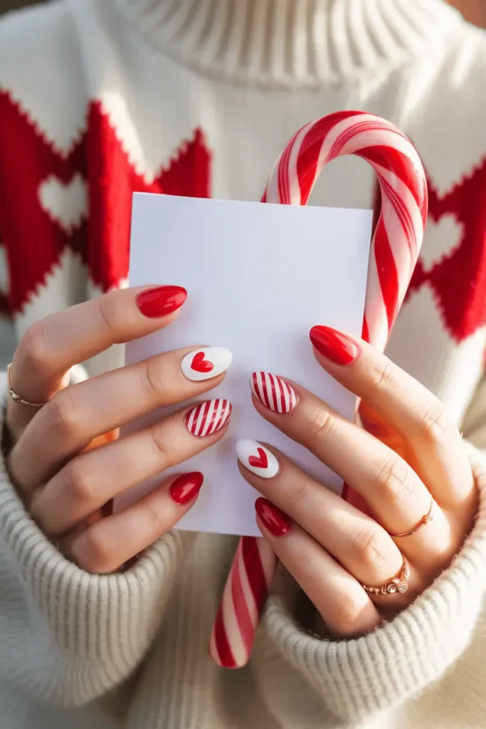 Red and white striped heart nail art, hands holding a holiday card or candy cane.