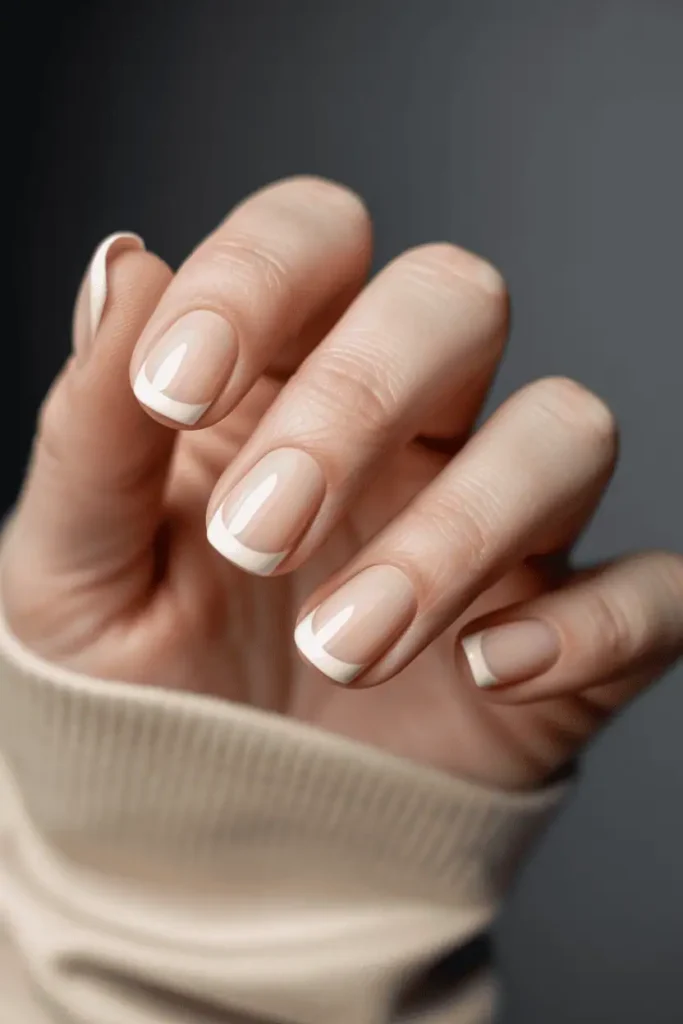 Short natural nails with ultra-thin white French lines. Minimal background, close-up focus on nail details.
