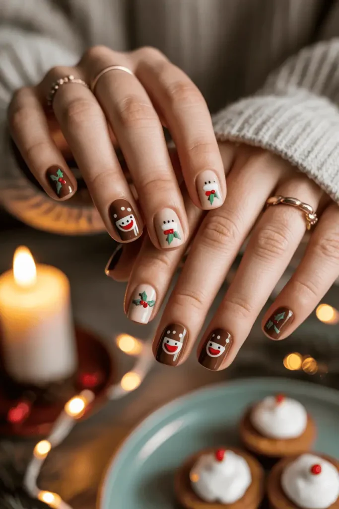 Brown and cream nails with tiny Christmas puddings, holly leaves, and smiling faces.