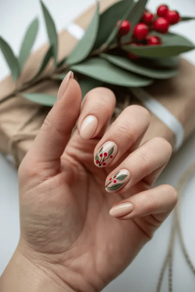 Short nude nails with hand-painted green leaves and red berries. Hand near wrapped gift or greenery decor.