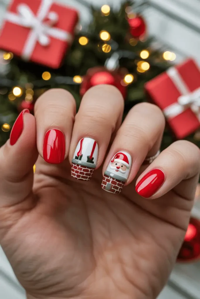 Funny nail art showing Santa’s legs sticking out of a chimney, bright red and white background.