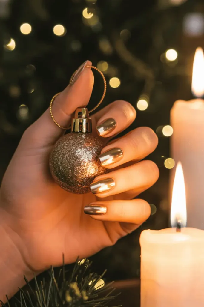 Reflective gold chrome nails catching candlelight, holding a Christmas ornament. Luxury, high-glam vibe.