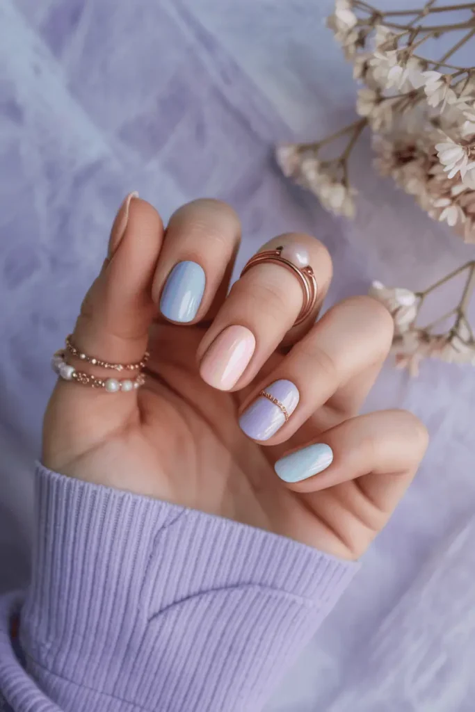 Short nails in mixed pastel tones (pink, blue, lavender, mint). Styled with delicate jewelry, spring-inspired background.