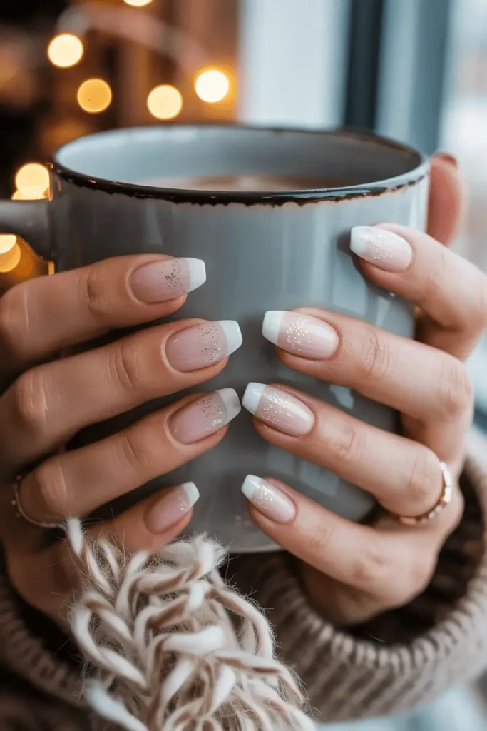 Soft nude to white ombré nails with fine glitter, holding a fuzzy scarf or hot cocoa.