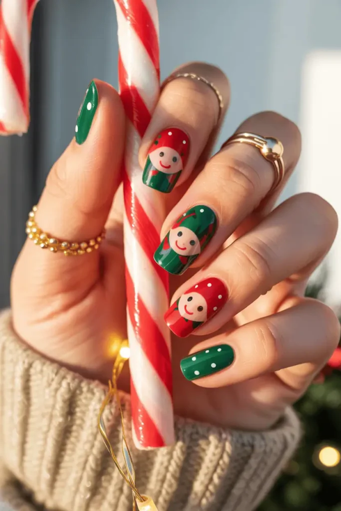 Cute cartoon-style elf nail art, red and green nails with tiny smiling elf faces, holding candy canes.