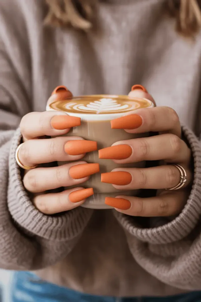 Matte pumpkin-orange coffin nails holding a cup of pumpkin spice latte, soft sweater in background.