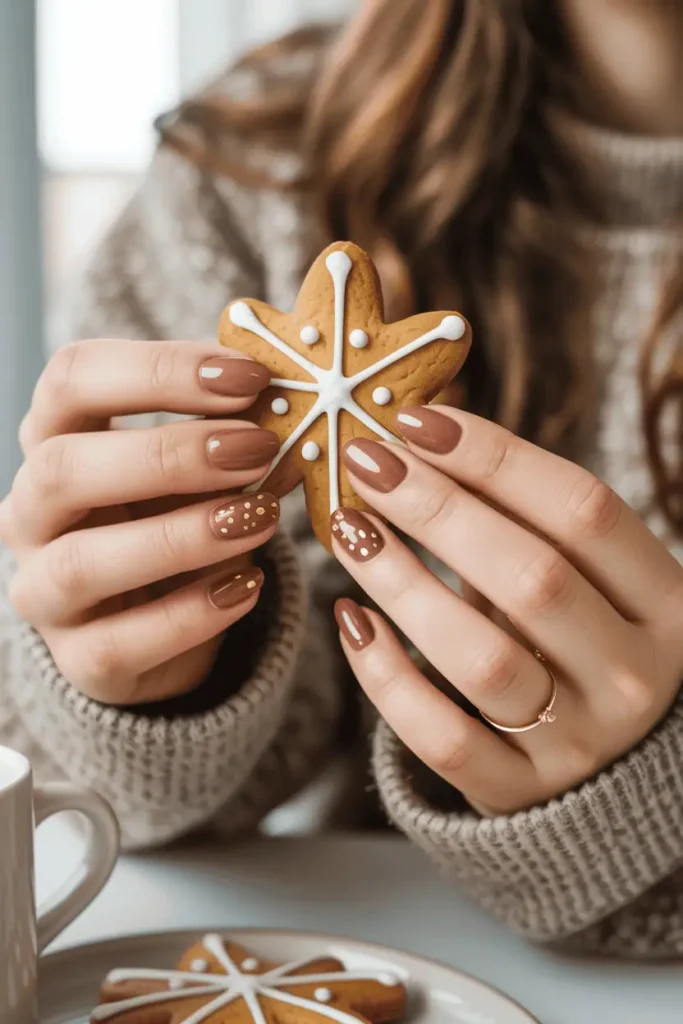 Warm brown nails with subtle gold dots or white icing lines, teen hands holding a gingerbread cookie.