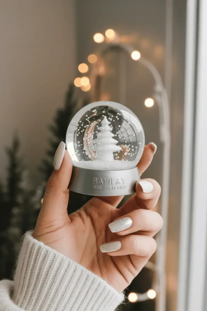 White shimmer nails holding a snow globe. Neutral background, warm indoor light and soft holiday decor.