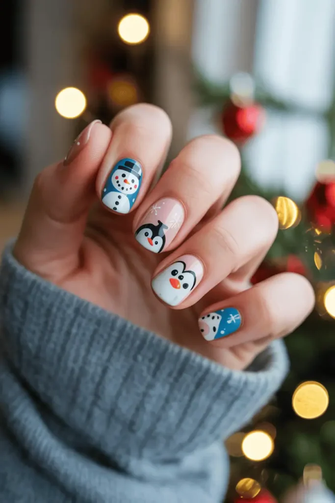 Mixed nail art featuring snowmen, penguins, and polar bears, cute cartoon faces.