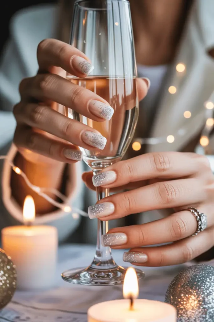 Silver glitter ombré nails fading from tips, holding a champagne glass or sparkly decoration.