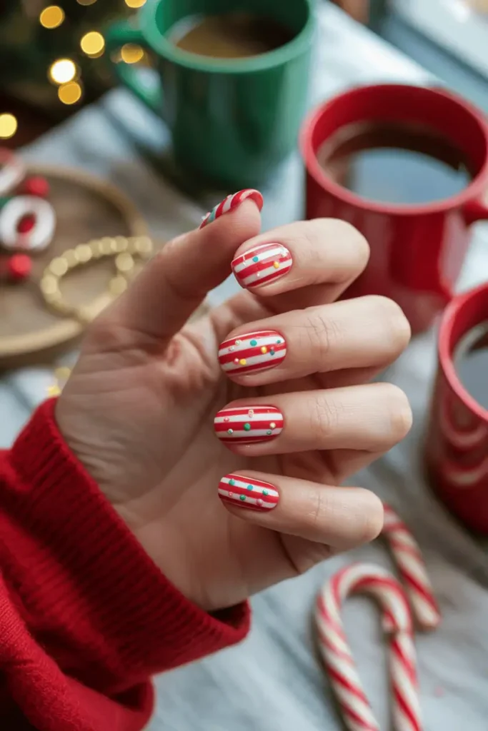 Red and white stripe nails with colorful dots and sprinkles, cheerful and messy look.