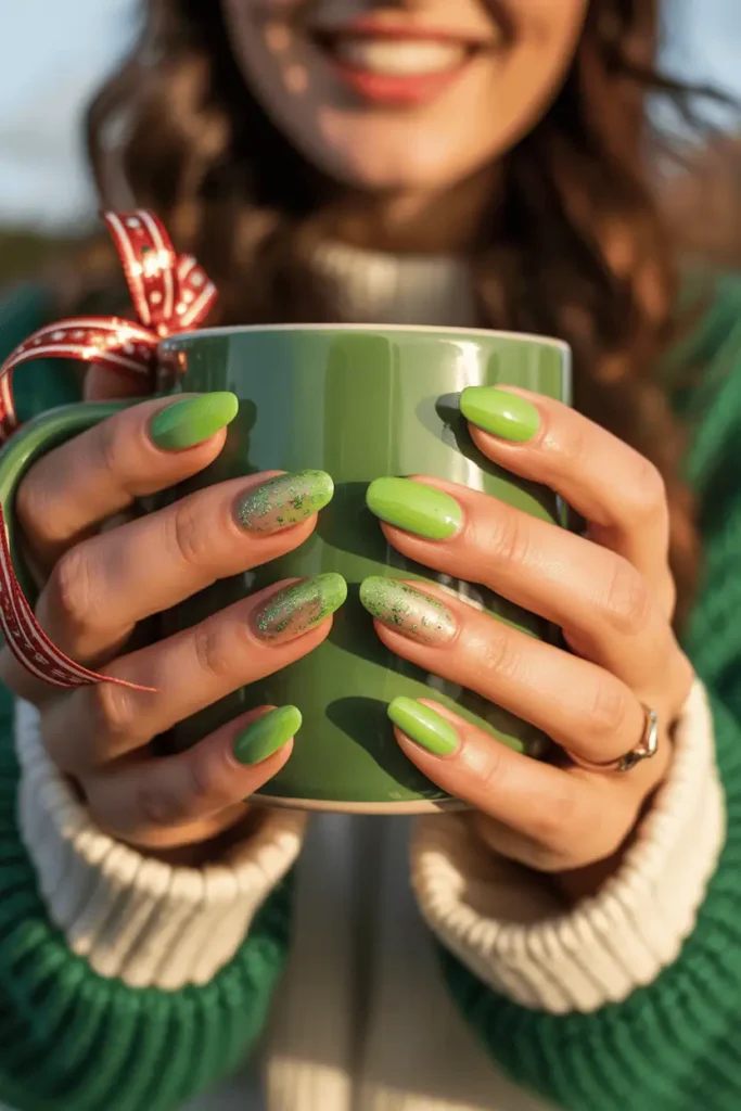 Glossy neon green nails with subtle glitter, holding a holiday mug or ornament, playful expression.
