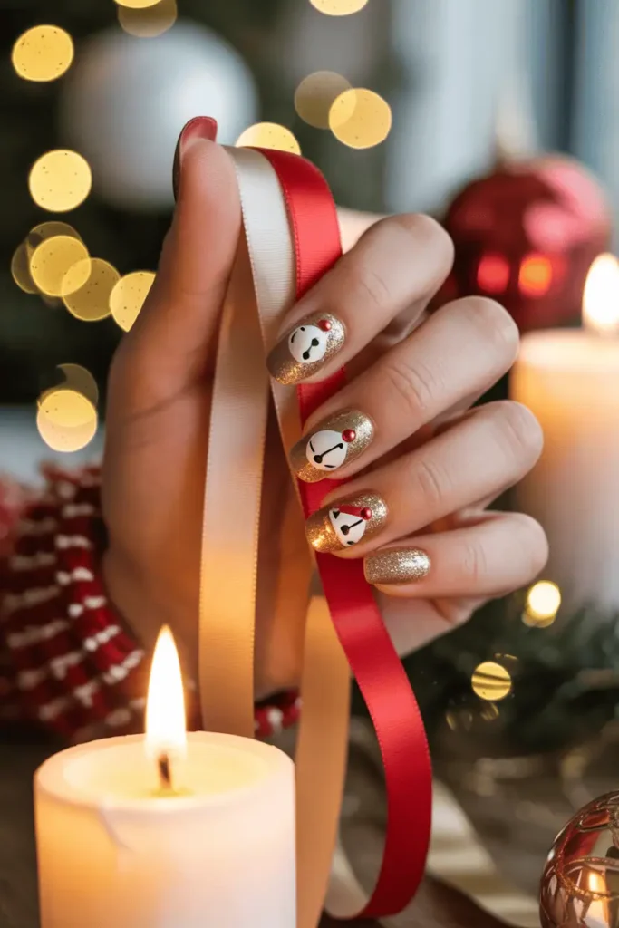 Gold glitter nails with hand-painted jingle bells and 3D detail, holding gift ribbons.