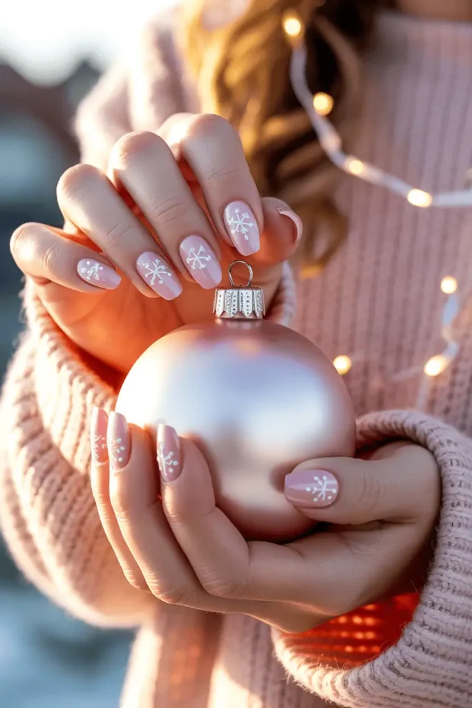 Pastel pink nails with white snowflakes and pearl accents, holding a pink ornament, soft glow.