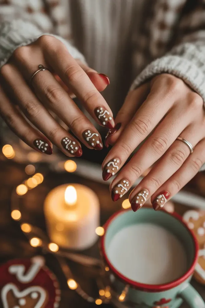 Warm brown nails with tiny smiling gingerbread men, cute icing details, and white frosting lines.