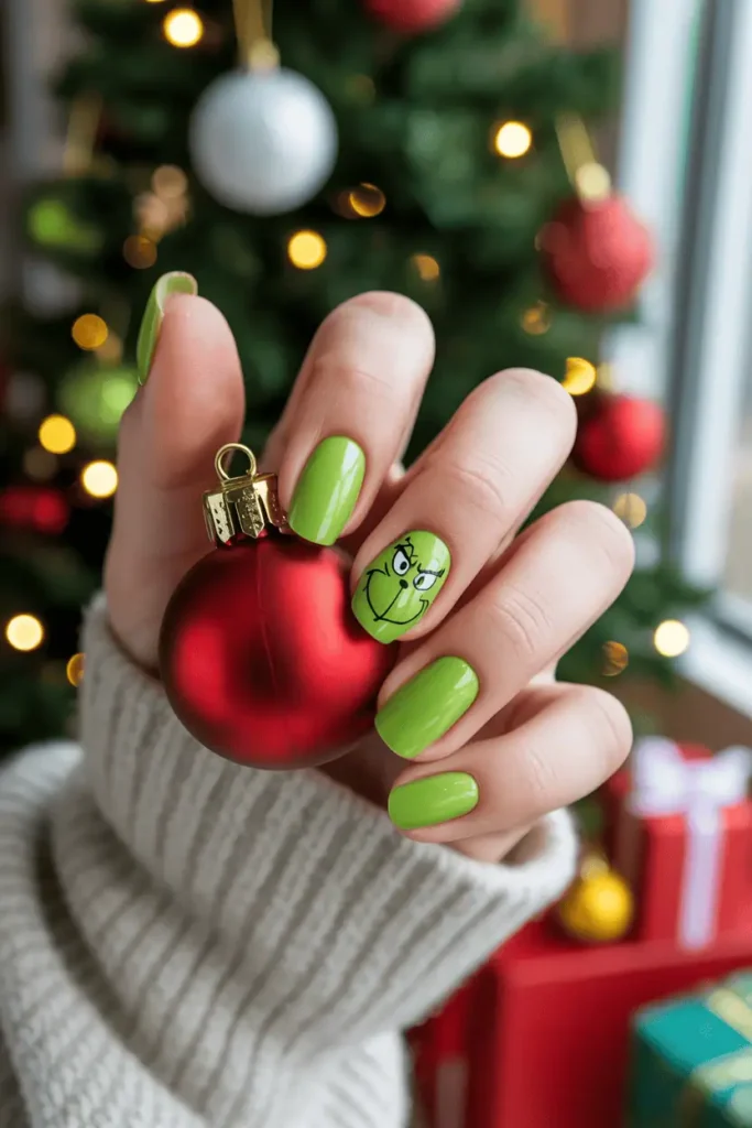 Bright lime-green Christmas nails with one accent Grinch face, holding a red ornament.