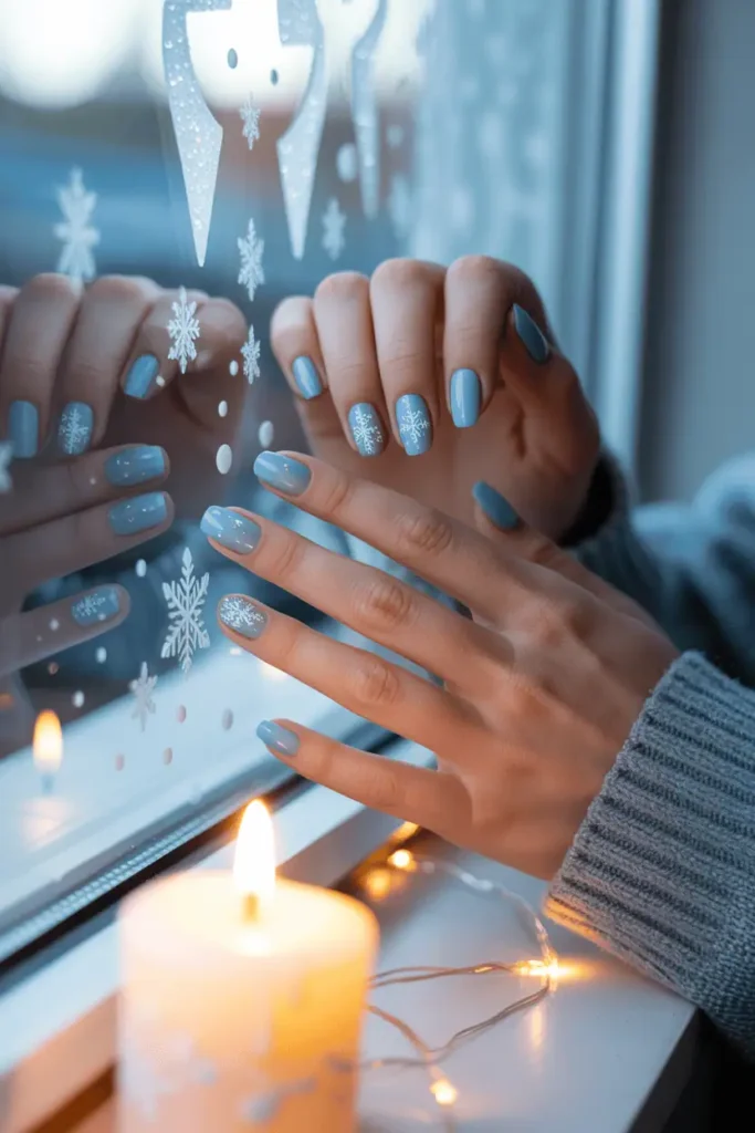 Cool icy-blue nails with delicate white snowflakes and glitter shimmer, teen hands near frosted window.