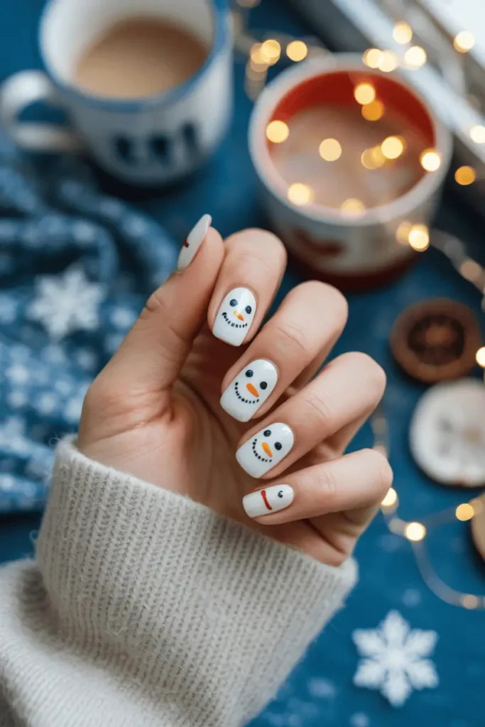 White nails with cute snowmen faces and funny smiles, blue winter background.