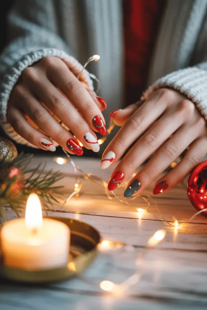 Colorful string-light nail design across red and white nails, tangled glowing lights aesthetic.