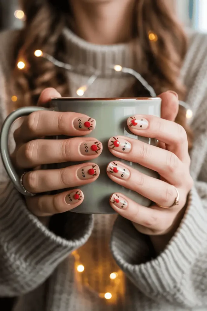 Reindeer nail art with funny expressions and shiny red noses, soft beige and brown tones, hands holding a mug.