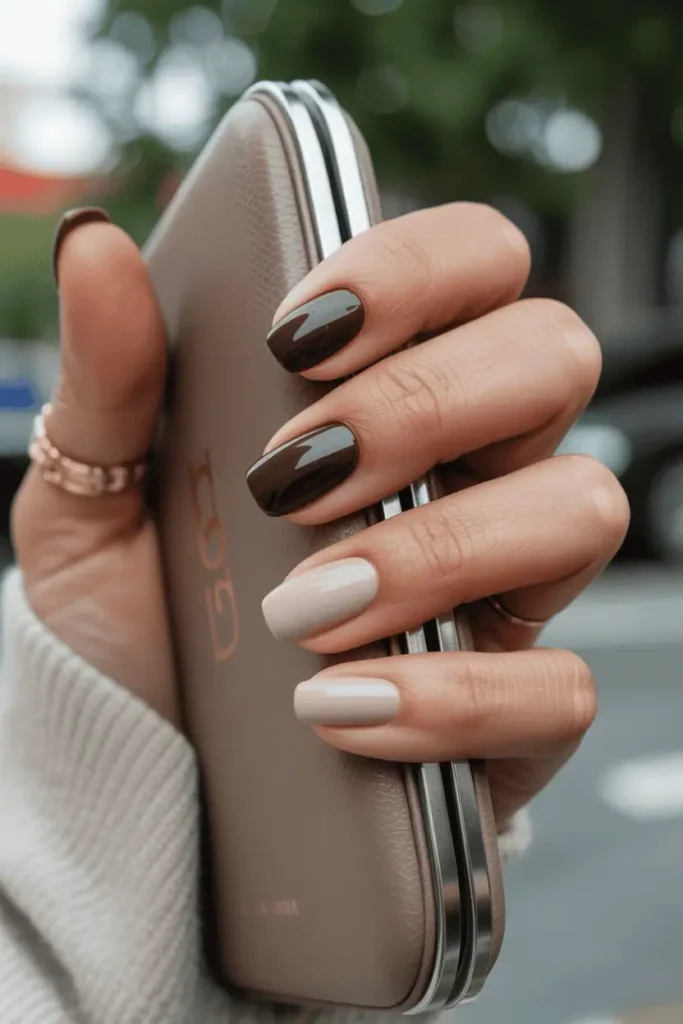 Alternating espresso brown and creamy beige nails, glossy finish. Styled holding a neutral clutch or coffee cup, soft daylight.