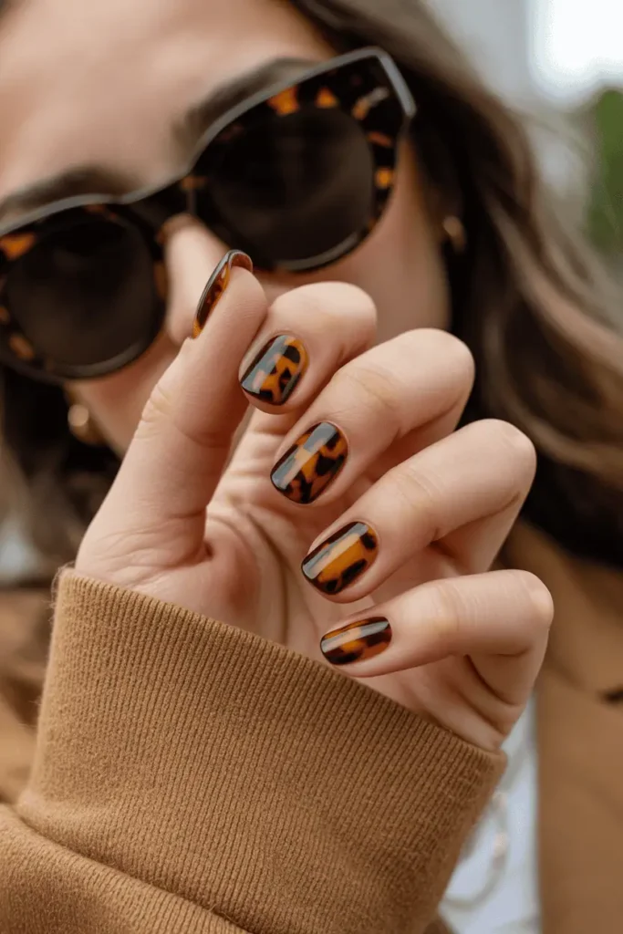 Tortoiseshell patterned nails in amber and dark brown tones. Styled with tortoiseshell sunglasses and tan accessories.