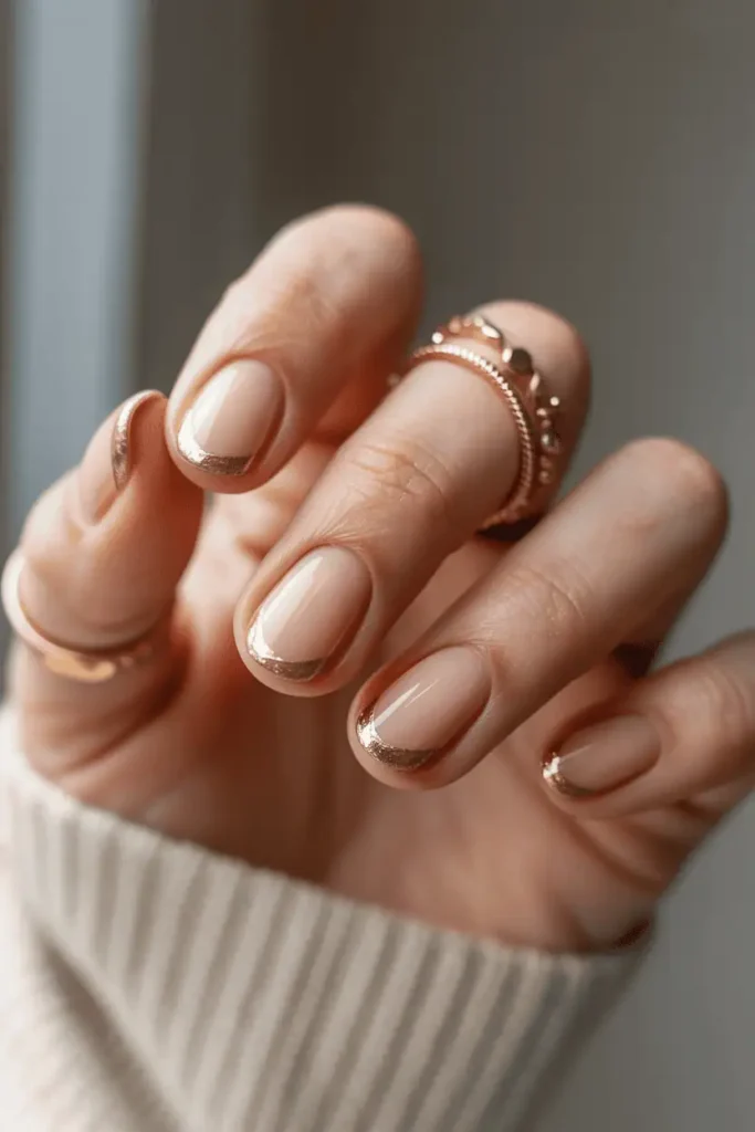 Nude nails with subtle gold foil near cuticle. Styled with gold jewelry, blurred neutral background.